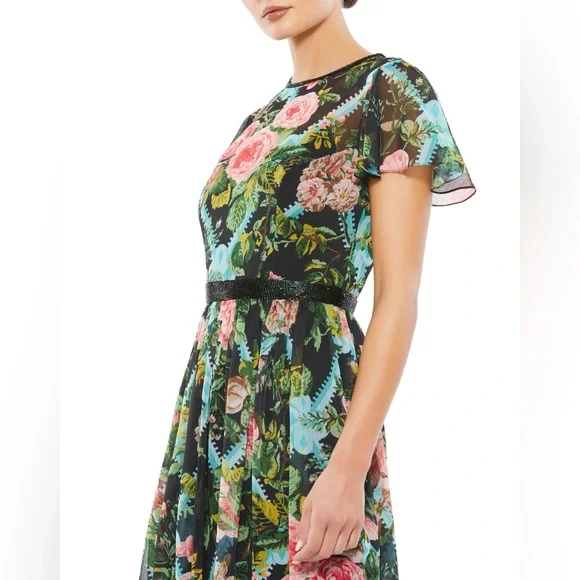 NWT Mac Duggal 9149 Chiffon A Line Midi Dress Floral